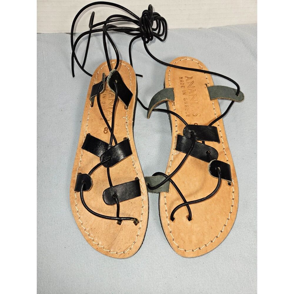 Ananias Made in Greece Leather Lace Up Gladiator Sandals Size 8 Black New